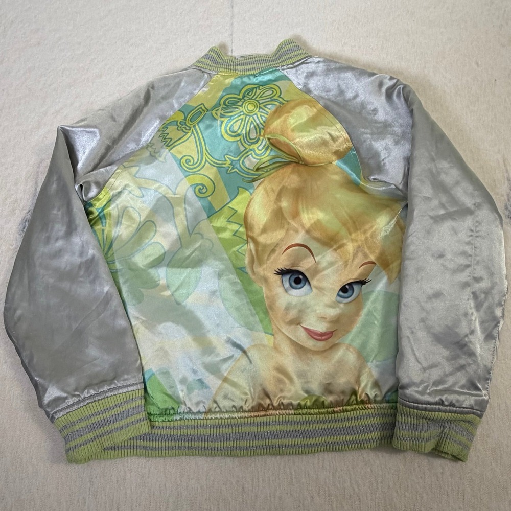 Vintage Disney Store Tinker Bell Satin Bomber Jacket Girls M 7/8 Green Fairy